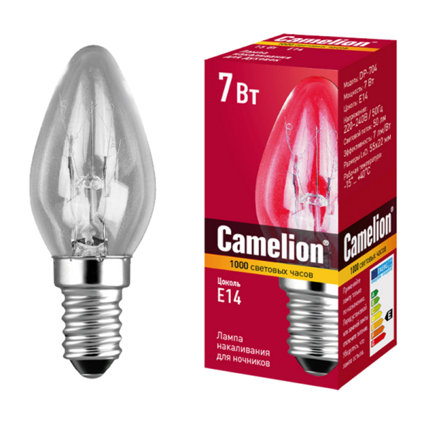 Лампа накаливания Camelion E14 7W 220-240V свеча для ночников прозрачная (1/50/500)
