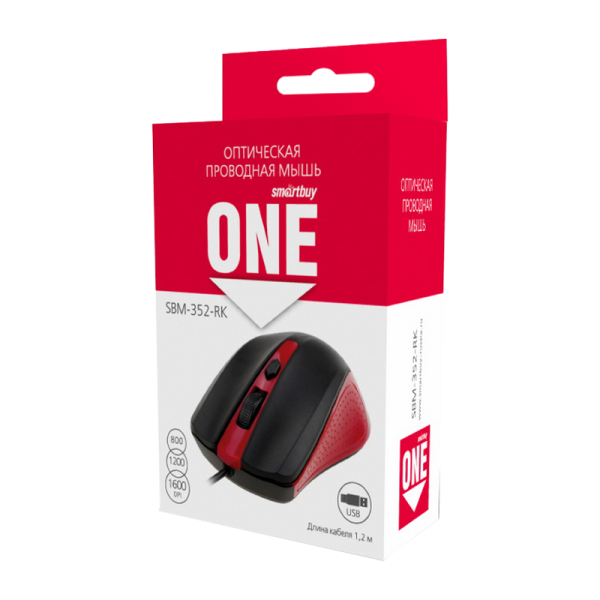 Мышь проводная Smartbuy 352 ONE классическая USB красный черный (1/100)