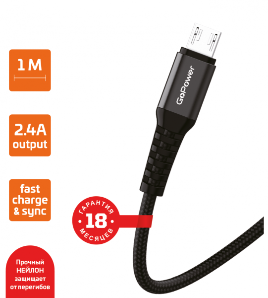 Кабель GoPower GP02M USB (m)-microUSB (m) 1.0м 2.4A нейлон черный (1/200/800)