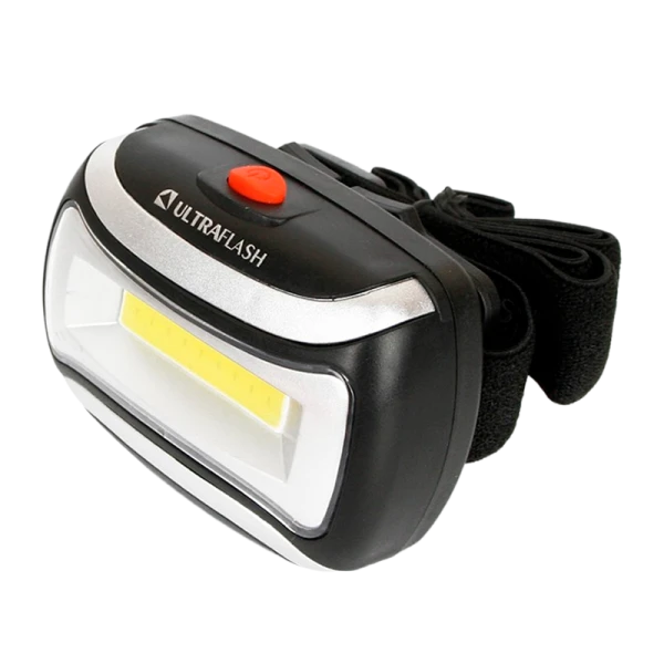 Фонарь налобный Ultraflash LED5380 3W COB от батареек IPX4 черный (1/50)