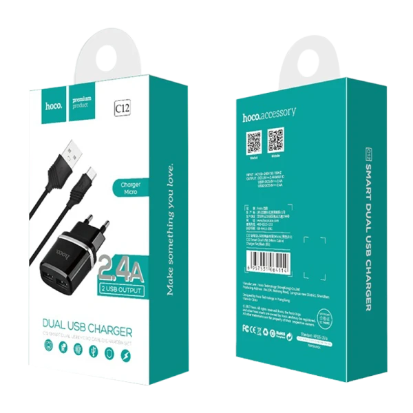 Сетевое З/У HOCO C12 2USB 2.4A с кабелем microUSB черный (1/10/100)