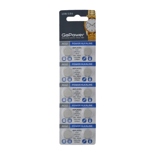 Батарейка GoPower G12/LR1142/LR43/386A/186 BL10 Alkaline 1.55V (10/100/3600)