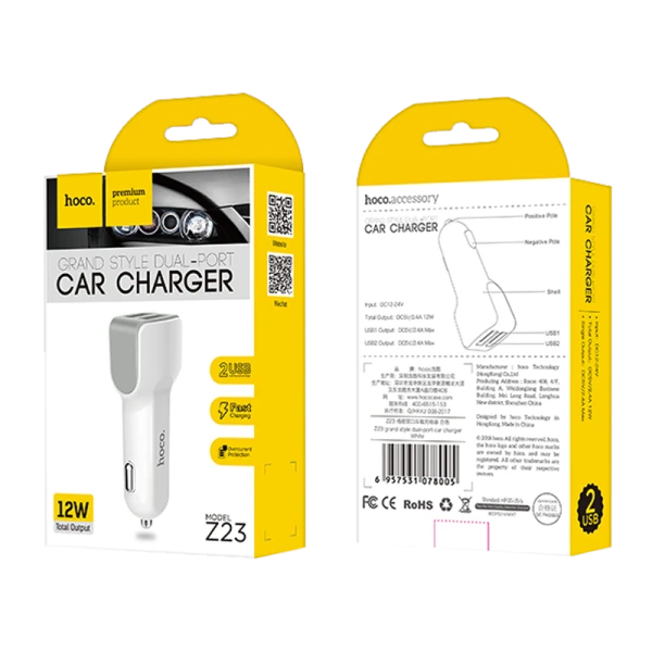 Автомобильное З/У HOCO Z23 2USB 2.4A белый (1/28/280)
