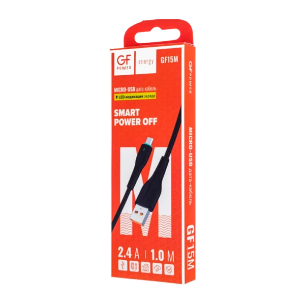 Кабель GFPower 15M USB (m)-microUSB (m) 1.0м 2.4A TPE черный (1/200/800)