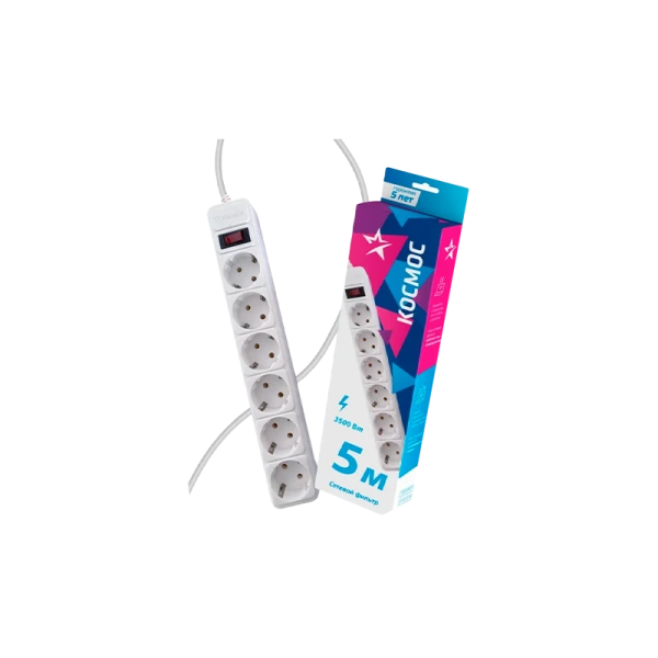 *Сетевой фильтр Космос 6р.С/З 16A с выкл. 5.0м ПВС 3x1мм белый 