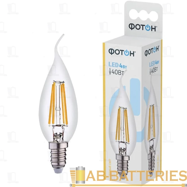 Лампа светодиодная филамент Фотон BXS E14 4W 3000К 100-265V свеча на ветру (1/10/50)