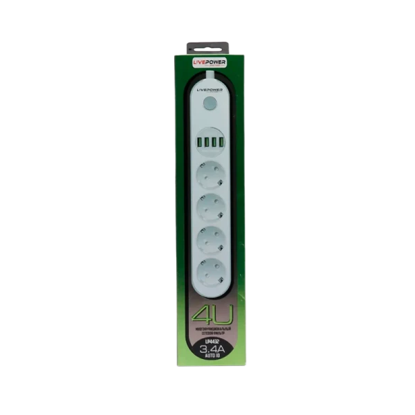 Сетевой фильтр Live Power LP4432 4р.С/З 10A 4USB с выкл. 2.0м белый (1/50)