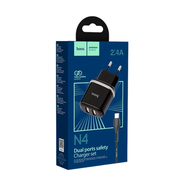 Сетевое З/У HOCO N4 2USB 2.4A с кабелем Lightning черный (1/12/120)