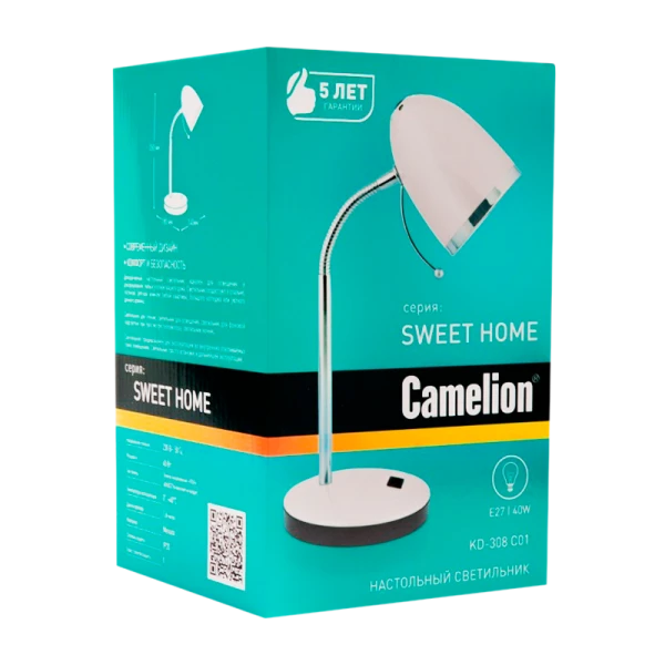 Светильник настольный Camelion KD-308 40W 230V E27 на основании белый (1/12)