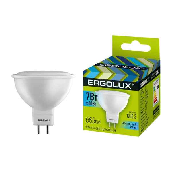 Лампа светодиодная Ergolux JCDR GU5.3 7W 4500К 180-240V софит (1/10/100)