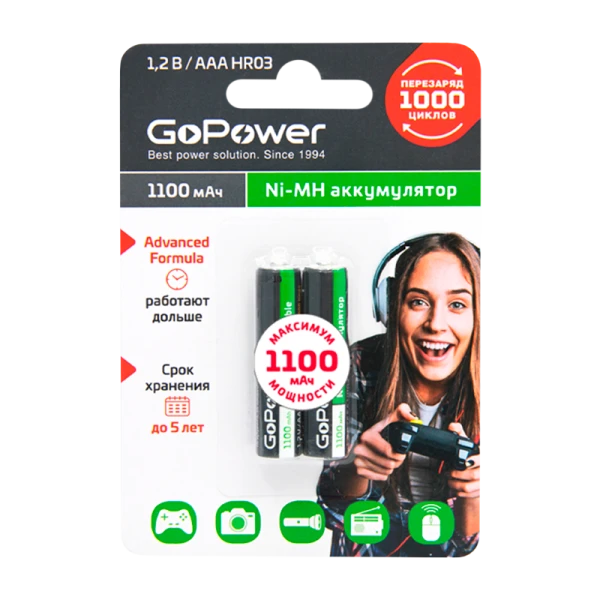 Аккумулятор бытовой GoPower HR03 AAA BL2 NI-MH 1100mAh (2/20/320)