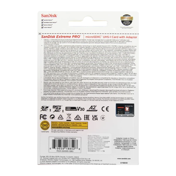 Карта памяти microSD SanDisk Extreme Pro 128GB Class10 A2 UHS-I (U3) 200 МБ/сек CN (Китай) с адаптер