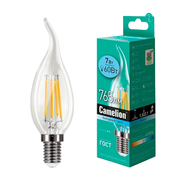 Лампа светодиодная филамент Camelion CW35 E14 7W 4500К 172-265V свеча на ветру прозрачная (1/10/100)