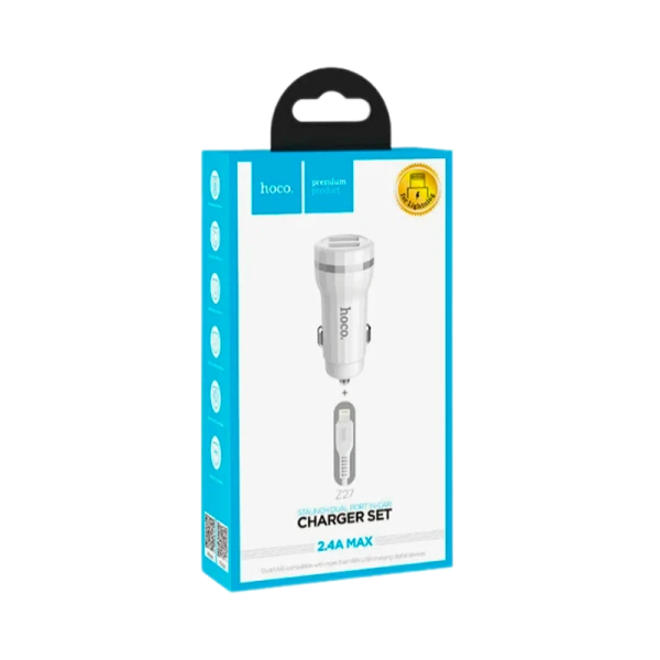 Автомобильное З/У HOCO Z27 2USB 2.4A с кабелем Lightning белый (1/10/100)