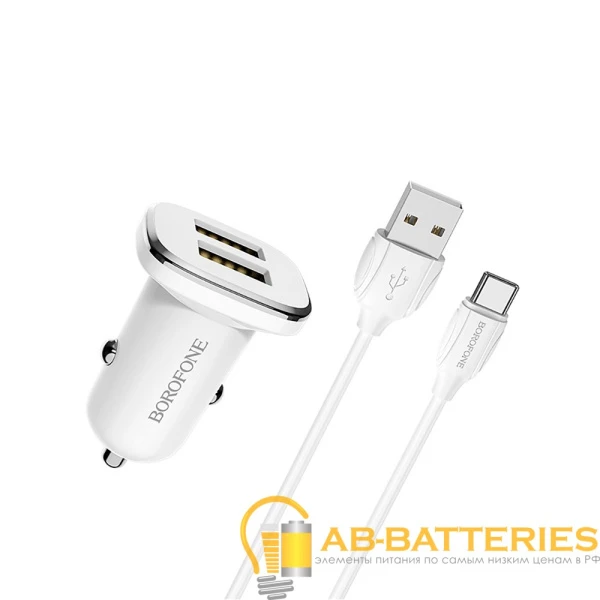 Автомобильное З/У Borofone BZ12 2USB 2.4A с кабелем Type-C белый (1/44/176)