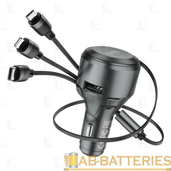Автомобильное З/У HOCO S27 1USB 2.4A с кабелем Lightning/Type-C/Micro серый (1/8/80)