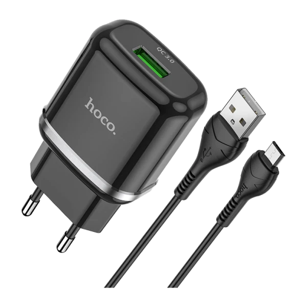 Сетевое З/У HOCO N3 1USB 3.0A 18W QC3.0 с кабелем microUSB черный (1/12/120)