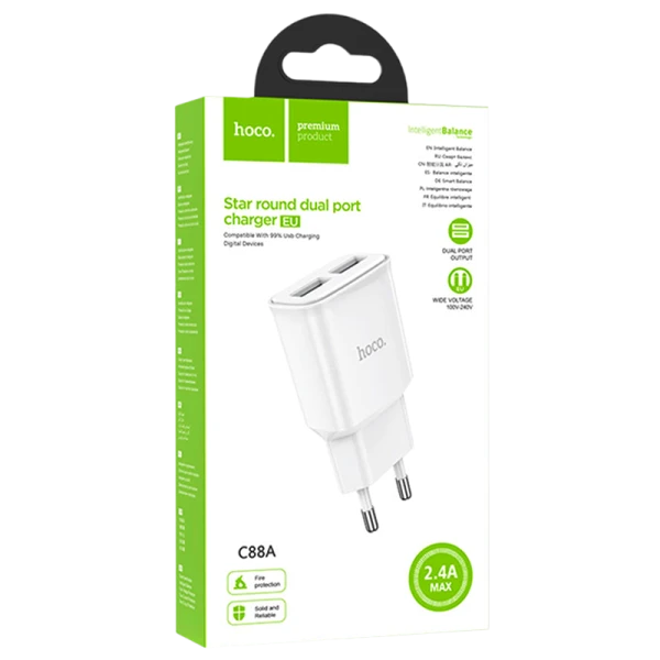 Сетевое З/У HOCO C88A 2USB 2.4A белый (1/12/120)