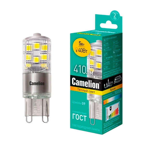 Лампа светодиодная Camelion G9 5W 3000К 170-265V прозрачная (1/10/500)