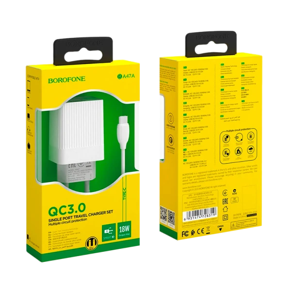 Сетевое З/У Borofone BA47A 1USB 3.0A QC3.0 белый (1/34/136)