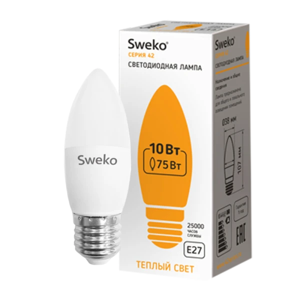 Лампа светодиодная Sweko C35 E27 10W 3000К 230V свеча (1/5/100)