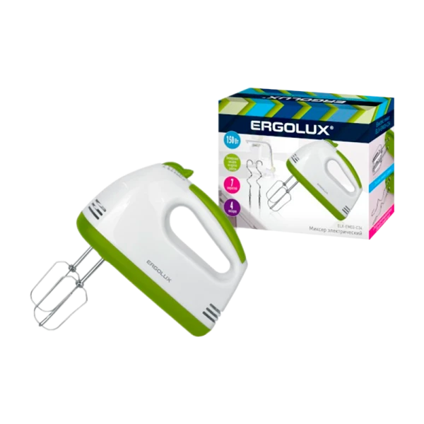 Миксер ручной Ergolux ELX-EM03-C34 150W 7 скоростей белый зеленый