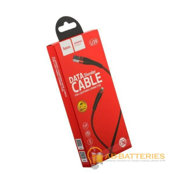 Кабель HOCO U39 USB (m)-Lightning (m) 1.2м 2.4A ткань красный черный (1/24/240)