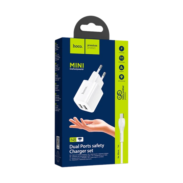 Сетевое З/У HOCO N8 2USB 2.4A с кабелем Lightning белый (1/12/120)