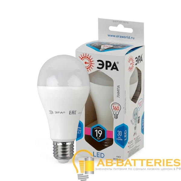 Лампа светодиодная ЭРА A65 E27 19W 4000К 170-265V груша (1/10/100)