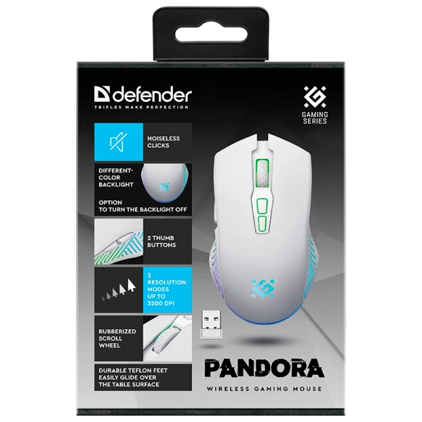 Беспроводная игровая мышь Pandora GM-502 белая,7кнопок,3200dpi,500мАч DEFENDER