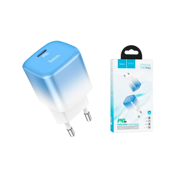 Сетевое З/У HOCO C101A Type-C 20W с кабелем Type-C-Lightning голубой (1/11/110)
