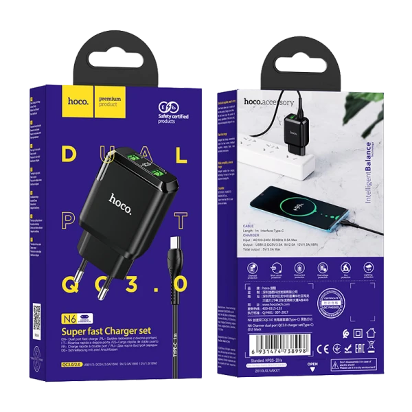 Сетевое З/У HOCO N6 2USB 3.0A QC3.0 с кабелем Type-C черный (1/12/120)