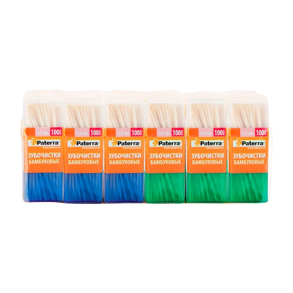 Зубочистки деревянные Paterra 6 см х 2 мм 100 шт. в пластиковой баночке 12шт в спайке (12/480)