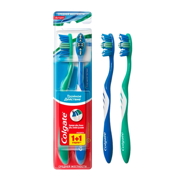 Зубная щетка COLGATE Тройное Действие средняя 2шт.(1+1) (1/72)