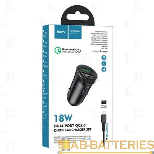 Автомобильное З/У HOCO Z39 2USB 2.4A QC3.0 с кабелем Lightning черный (1/14/140)