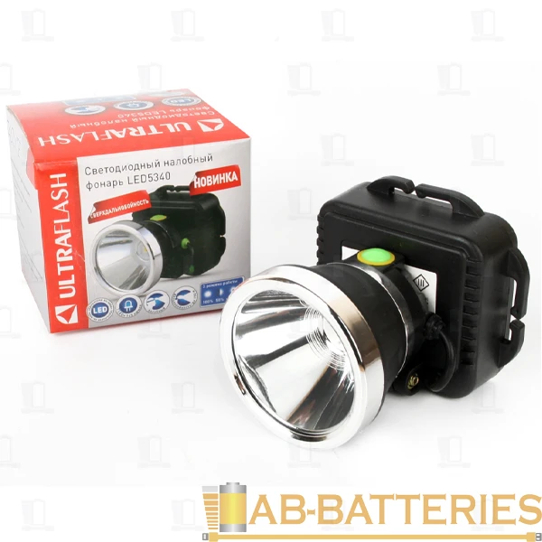 Фонарь налобный Ultraflash LED5340 3W COB от батареек 3 режима черный (1/120)