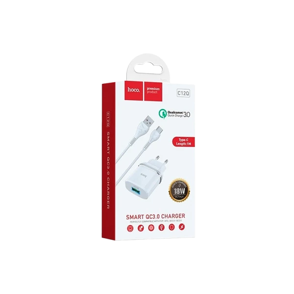 Сетевое З/У HOCO C12Q 1USB 3.0A QC3.0 с кабелем Type-C белый (1/10/100)
