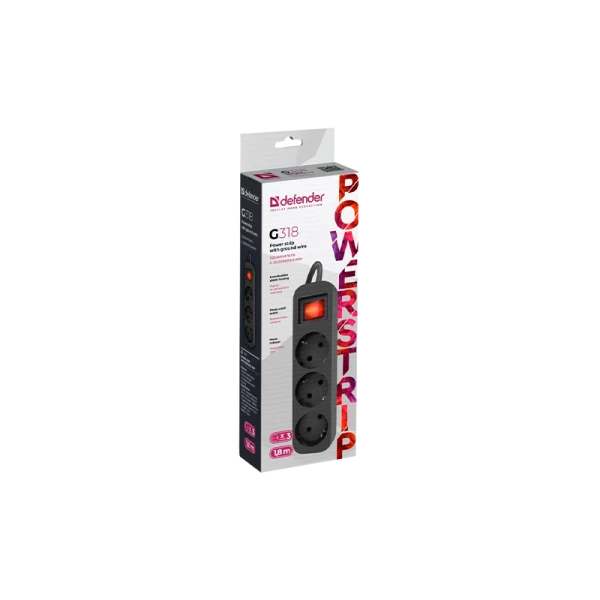 Удлинитель Defender G318 3р.С/З 1.8м с выкл. черный (1/45)