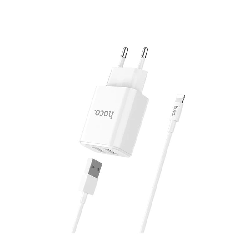 Сетевое З/У HOCO C62A 2USB 2.1A умная зарядка (IC) с кабелем Lightning белый (1/21/126)