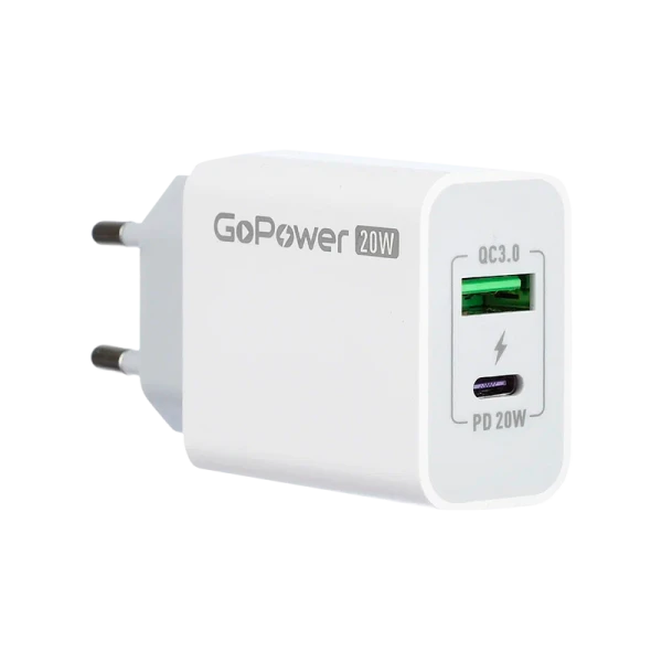 Сетевое З/У GoPower GPQC08 1USB+1Type-C 20W QC3.0 белый