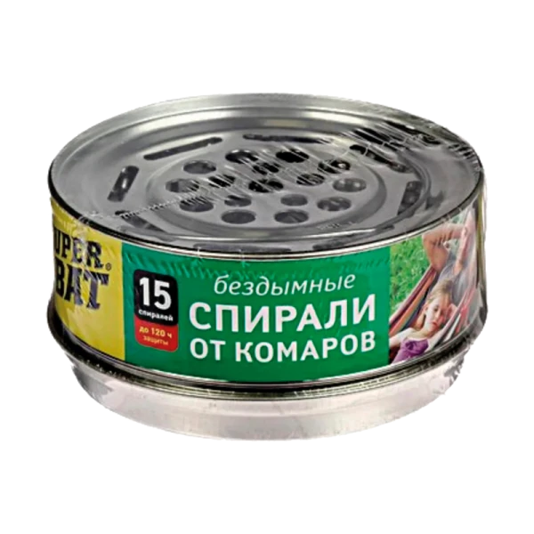 Спирали SuperBAT от комаров бездымные 15шт. зеленый в металической банке (1/24)