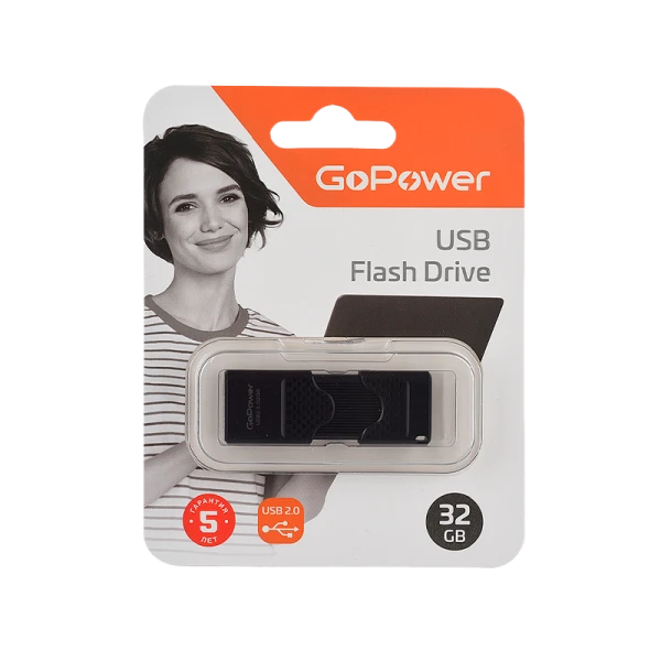 Флеш-накопитель GoPower SLIDER 32GB USB2.0 пластик черный матовый (1/50/1000)