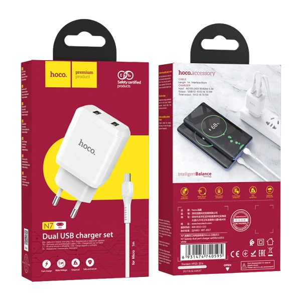 Сетевое З/У HOCO N7 2USB 2.1A с кабелем microUSB белый (1/20/120)