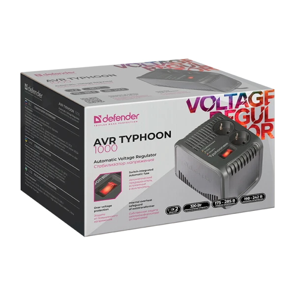 Стабилизатор напряжения AVR Typhoon 1000 320 Вт, 2 розетки DEFENDER&nbsp;&nbsp;&nbsp;&nbsp; # 99033 (1/4)