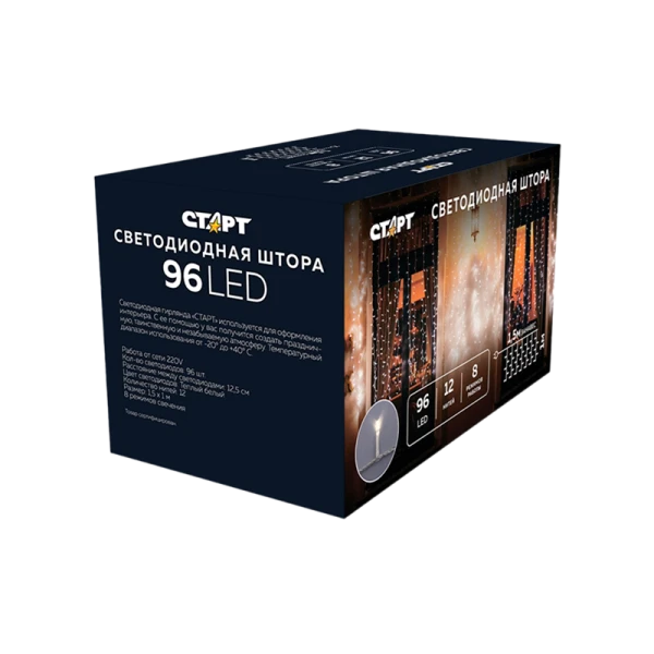 Гирлянда Старт НГ 96LED 1.5*1м лампочки занавес медь 8 режимов белый (1/25/100)