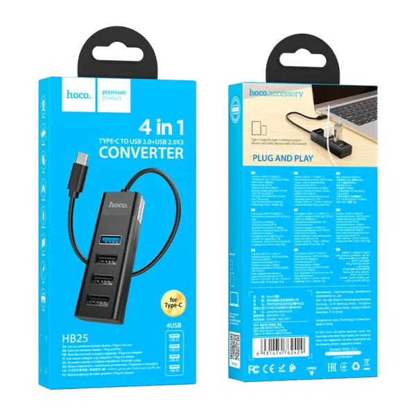 USB-Хаб HOCO HB25 4USB Type-C (m) USB3.0 0.3м черный (1/18/180)