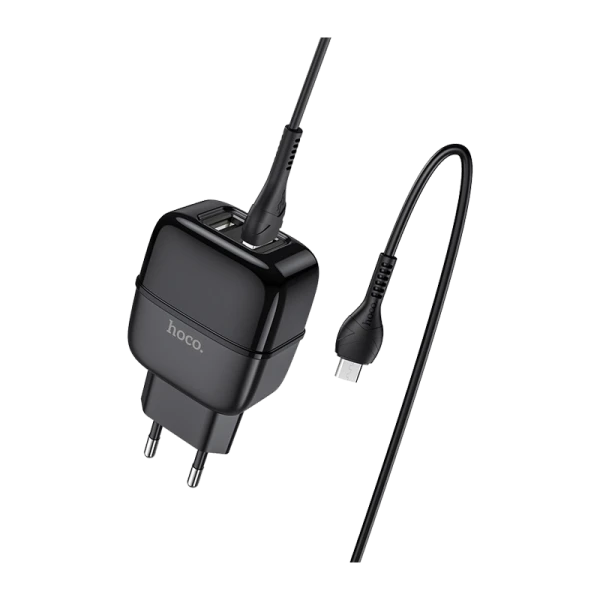 Сетевое З/У HOCO C77A 2USB 2.4A с кабелем microUSB черный (1/12/120)