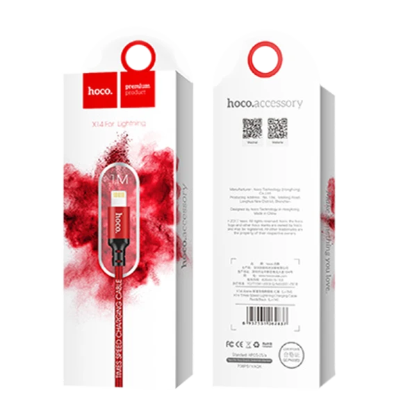 Кабель HOCO X14 USB (m)-Lightning (m) 2.0м 1.7A нейлон красный черный (1/33/330)
