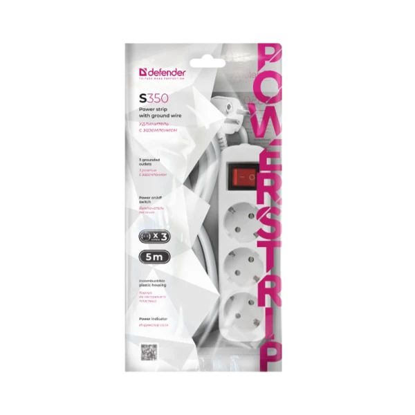 Удлинитель Defender S350 3р.С/З 10A 5.0м с выкл. ПВС 3x1мм² белый (1/30)