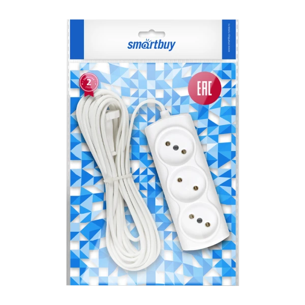 Удлинитель Smartbuy 3р.Б/З 6A 5.0м ШВВП 2x0.75мм² белый (1/50)